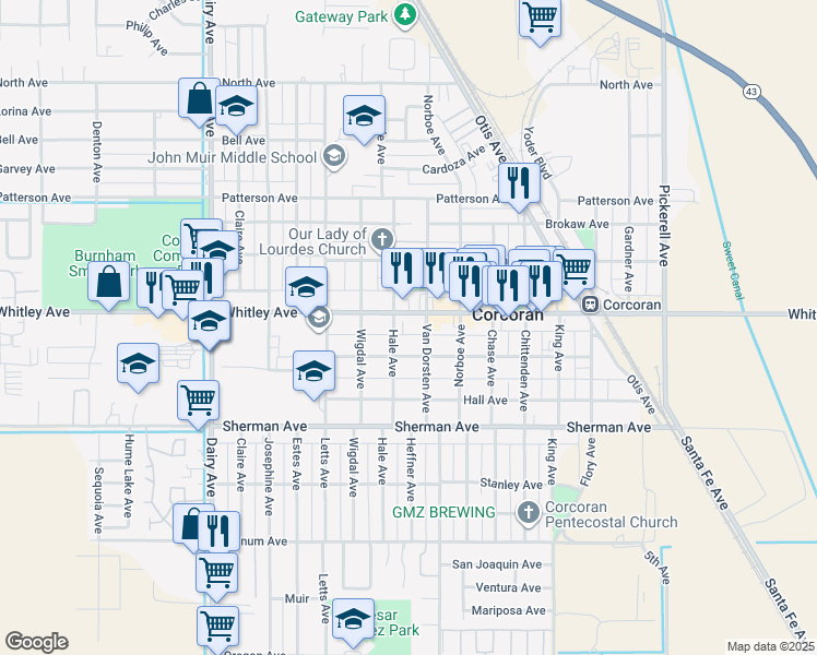 map of restaurants, bars, coffee shops, grocery stores, and more near 1150 Hale Avenue in Corcoran