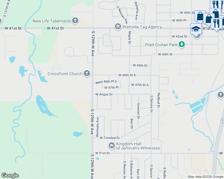 map of restaurants, bars, coffee shops, grocery stores, and more near 606 West 47th Place in Sand Springs