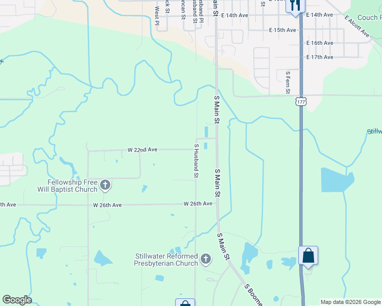 map of restaurants, bars, coffee shops, grocery stores, and more near 2202 South Husband Street in Stillwater