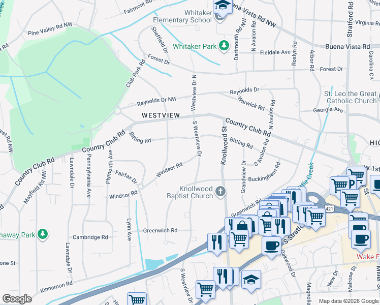 map of restaurants, bars, coffee shops, grocery stores, and more near 2703 Windsor Road in Winston-Salem