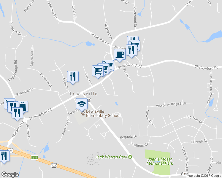 map of restaurants, bars, coffee shops, grocery stores, and more near 185 Conrad Circle in Lewisville
