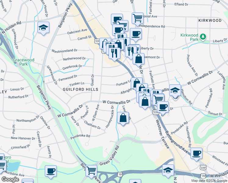 map of restaurants, bars, coffee shops, grocery stores, and more near 2328 Albright Drive in Greensboro