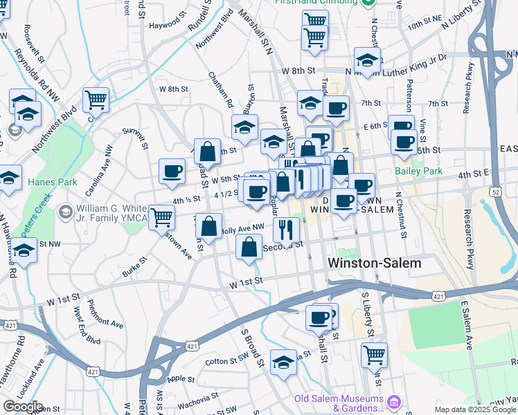 map of restaurants, bars, coffee shops, grocery stores, and more near 614 4th Street Northwest in Winston-Salem