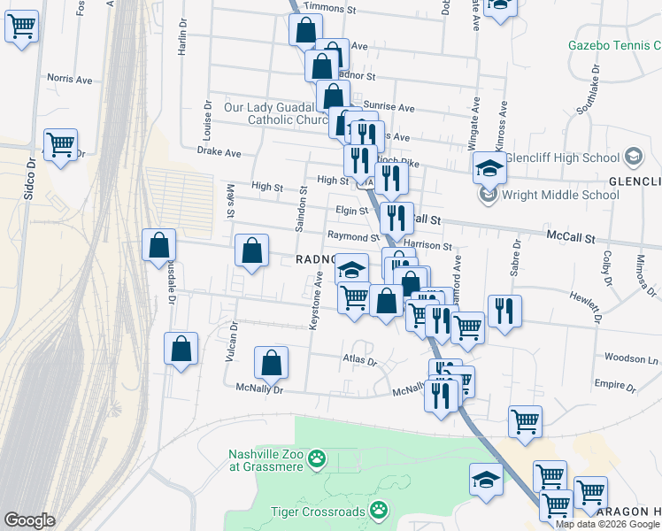 map of restaurants, bars, coffee shops, grocery stores, and more near 429 Veritas Street in Nashville
