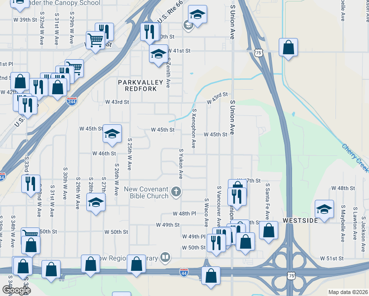 map of restaurants, bars, coffee shops, grocery stores, and more near 2110 West 45th Place in Tulsa