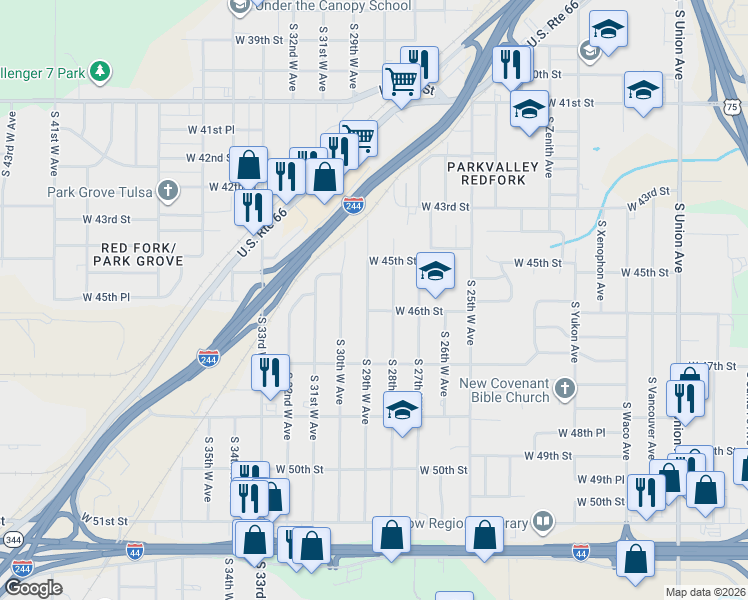 map of restaurants, bars, coffee shops, grocery stores, and more near 4540 South 28th West Avenue in Tulsa
