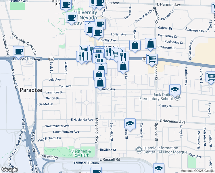 map of restaurants, bars, coffee shops, grocery stores, and more near 1330 East Reno Avenue in Las Vegas