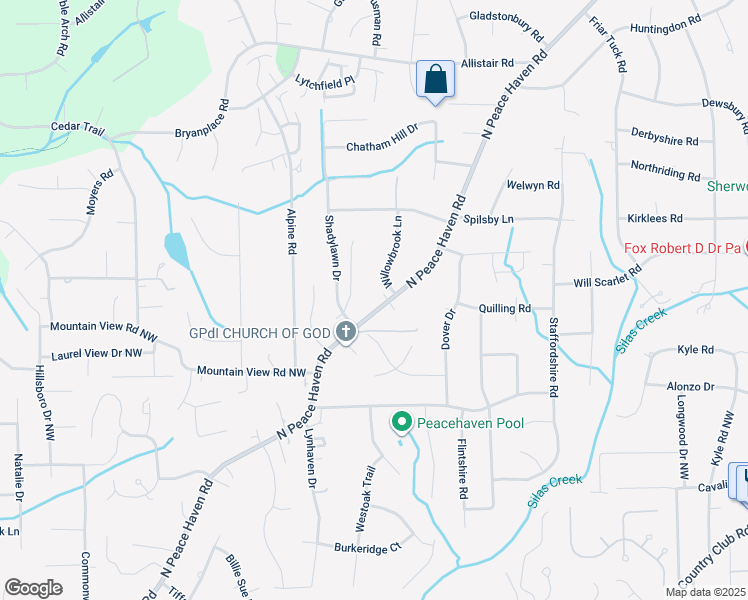 map of restaurants, bars, coffee shops, grocery stores, and more near 584 North Peace Haven Road in Winston-Salem
