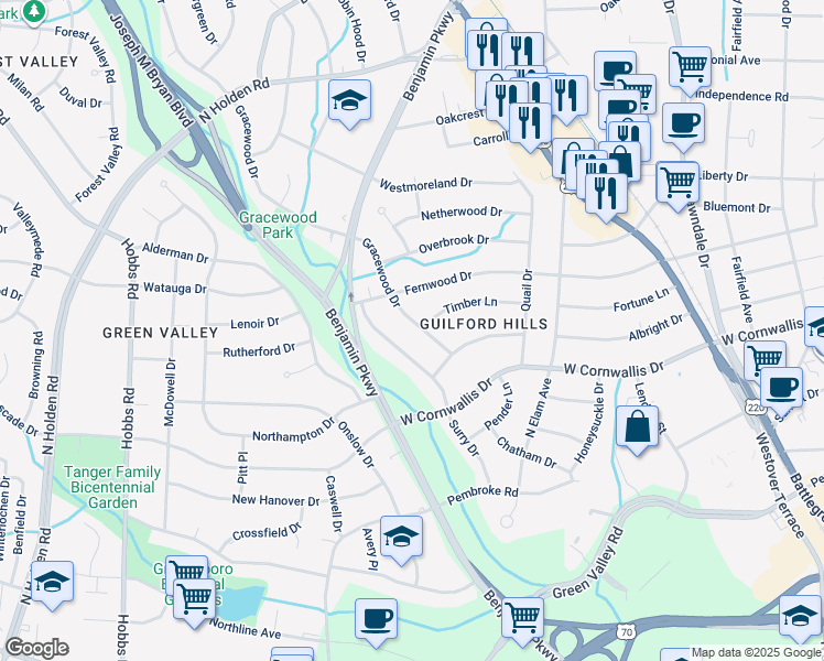 map of restaurants, bars, coffee shops, grocery stores, and more near 1303 Gracewood Drive in Greensboro