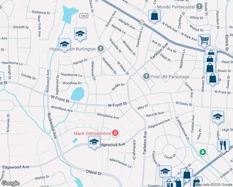 map of restaurants, bars, coffee shops, grocery stores, and more near 1500 Brent Court in Burlington