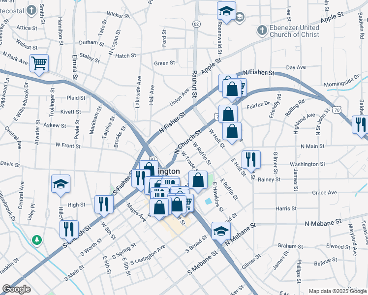 map of restaurants, bars, coffee shops, grocery stores, and more near 201 North Church Street in Burlington