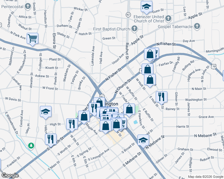 map of restaurants, bars, coffee shops, grocery stores, and more near 119 Stagg St in Burlington