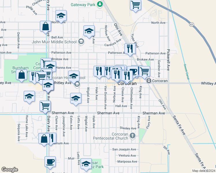 map of restaurants, bars, coffee shops, grocery stores, and more near 1221 Whitley Avenue in Corcoran