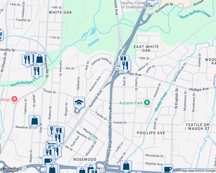 map of restaurants, bars, coffee shops, grocery stores, and more near 1618 Summit Avenue in Greensboro