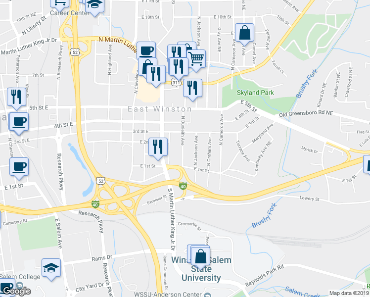 map of restaurants, bars, coffee shops, grocery stores, and more near 137 North Dunleith Avenue in Winston-Salem