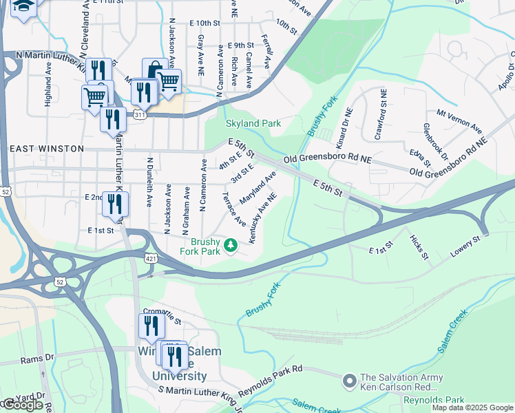 map of restaurants, bars, coffee shops, grocery stores, and more near 1927 Kentucky Avenue Northeast in Winston-Salem
