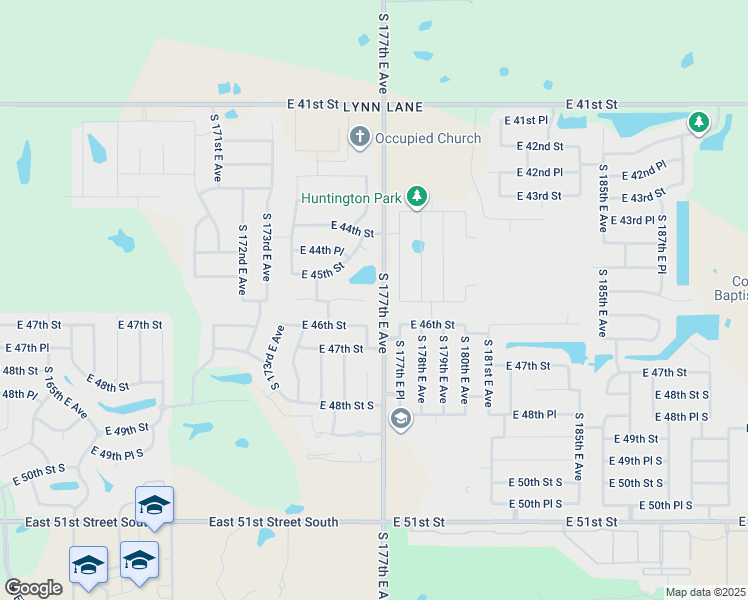 map of restaurants, bars, coffee shops, grocery stores, and more near 17615 East 45th Place in Tulsa