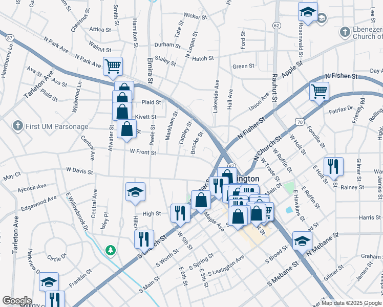map of restaurants, bars, coffee shops, grocery stores, and more near 501 West Front Street in Burlington