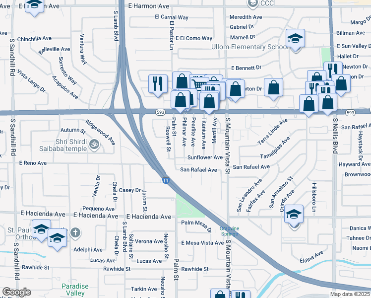 map of restaurants, bars, coffee shops, grocery stores, and more near 5038 Philmar Avenue in Las Vegas