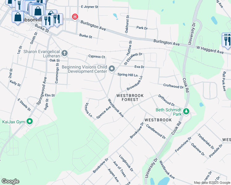 map of restaurants, bars, coffee shops, grocery stores, and more near 505 Brown Bark Drive in Gibsonville