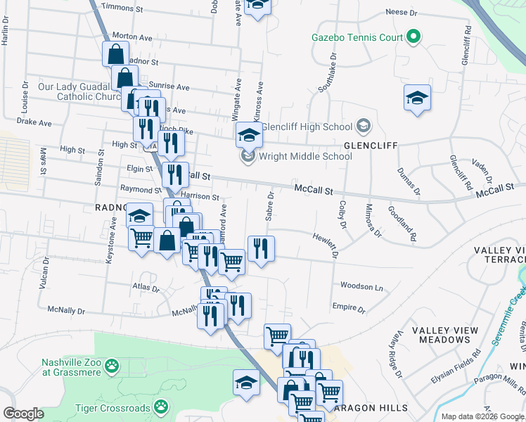 map of restaurants, bars, coffee shops, grocery stores, and more near 3609 Sabre Drive in Nashville