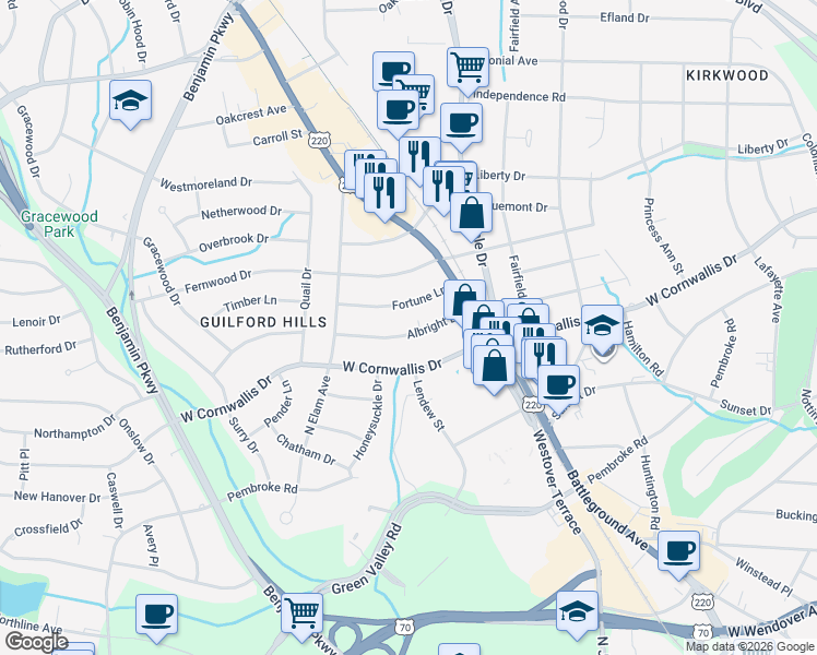 map of restaurants, bars, coffee shops, grocery stores, and more near 2318 Albright Drive in Greensboro