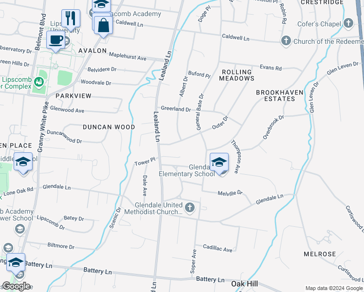 map of restaurants, bars, coffee shops, grocery stores, and more near 4154B Outer Drive in Nashville