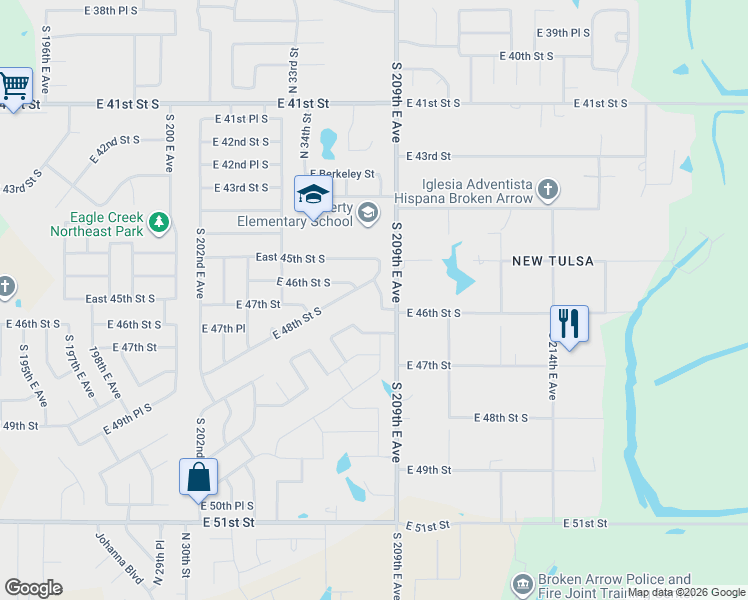map of restaurants, bars, coffee shops, grocery stores, and more near 4610 North 36th Place in Broken Arrow