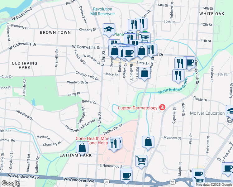 map of restaurants, bars, coffee shops, grocery stores, and more near 1615 Roseland Street in Greensboro