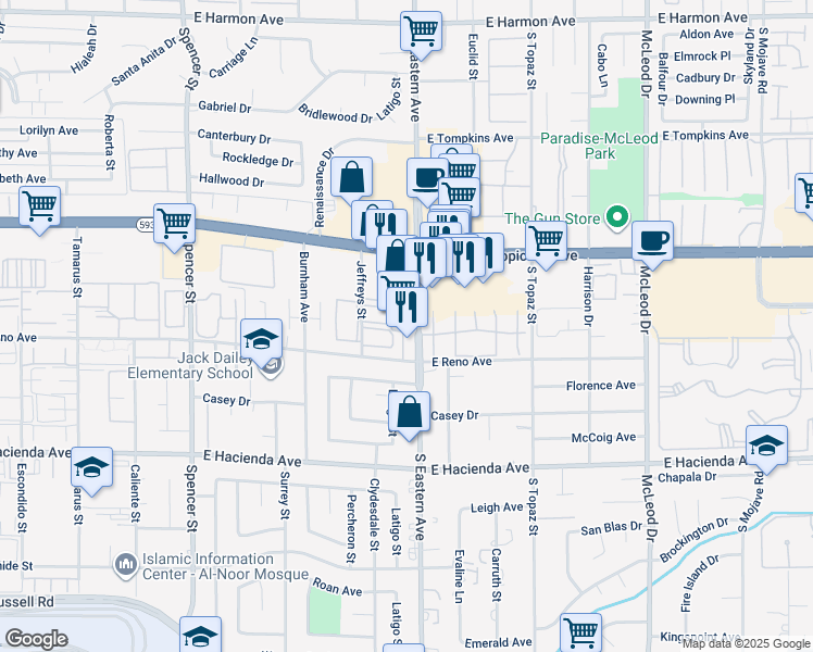 map of restaurants, bars, coffee shops, grocery stores, and more near in Paradise