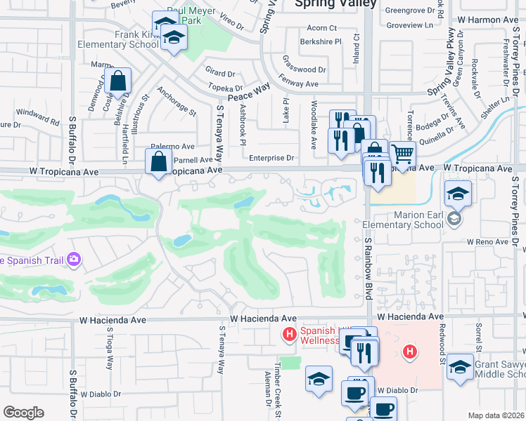 map of restaurants, bars, coffee shops, grocery stores, and more near 7131 Mission Hills Drive in Las Vegas