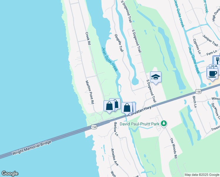 map of restaurants, bars, coffee shops, grocery stores, and more near 1033 Creek Road in Kitty Hawk