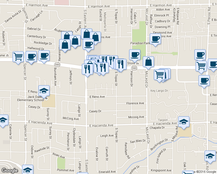 map of restaurants, bars, coffee shops, grocery stores, and more near 2510 Paradise Village Way in Las Vegas