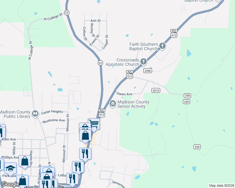 map of restaurants, bars, coffee shops, grocery stores, and more near 141 Hawn Avenue in Huntsville
