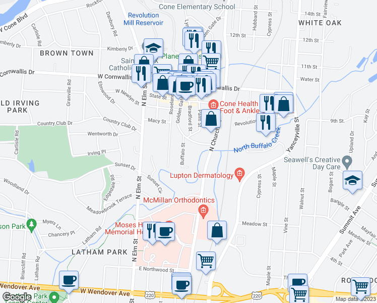 map of restaurants, bars, coffee shops, grocery stores, and more near 1700 Buffalo Street in Greensboro