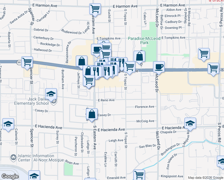 map of restaurants, bars, coffee shops, grocery stores, and more near 2482 Paradise Village Way in Las Vegas