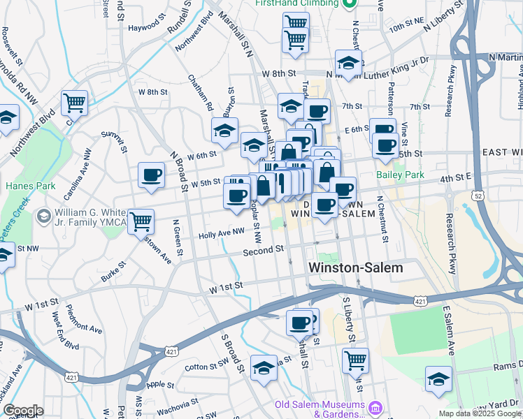 map of restaurants, bars, coffee shops, grocery stores, and more near in Winston-Salem