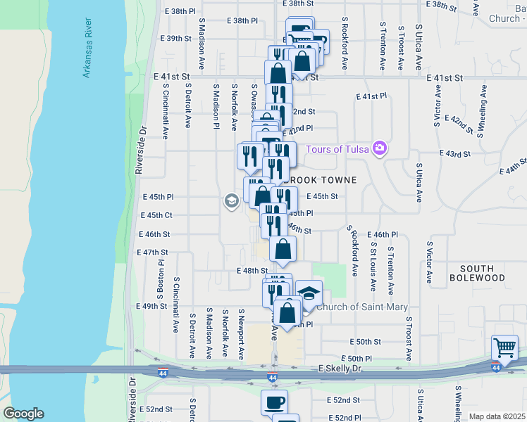 map of restaurants, bars, coffee shops, grocery stores, and more near 4518 South Peoria Avenue in Tulsa
