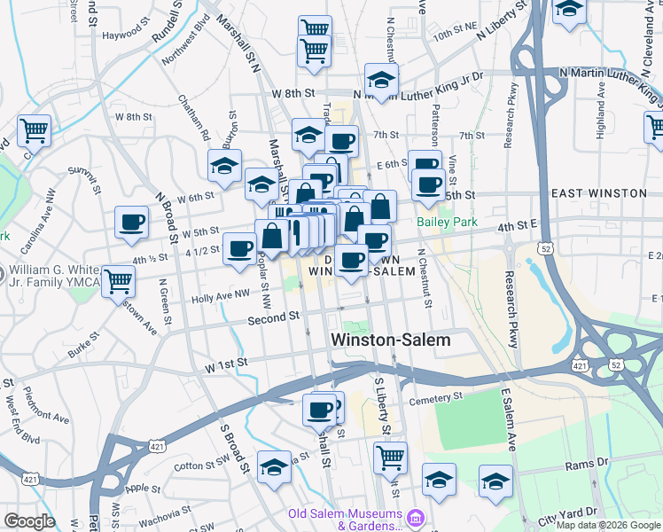 map of restaurants, bars, coffee shops, grocery stores, and more near 1 Park Vista Lane in Winston-Salem