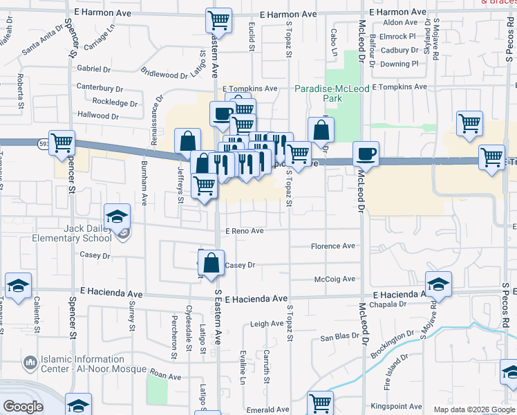map of restaurants, bars, coffee shops, grocery stores, and more near 2482 Paradise Village Way in Las Vegas