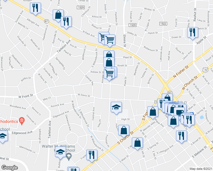 map of restaurants, bars, coffee shops, grocery stores, and more near 808 West Front Street in Burlington