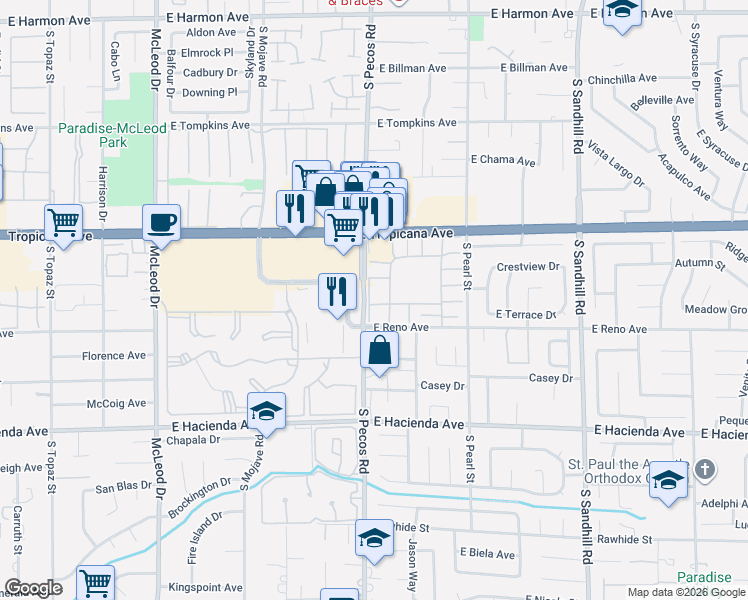 map of restaurants, bars, coffee shops, grocery stores, and more near in Paradise