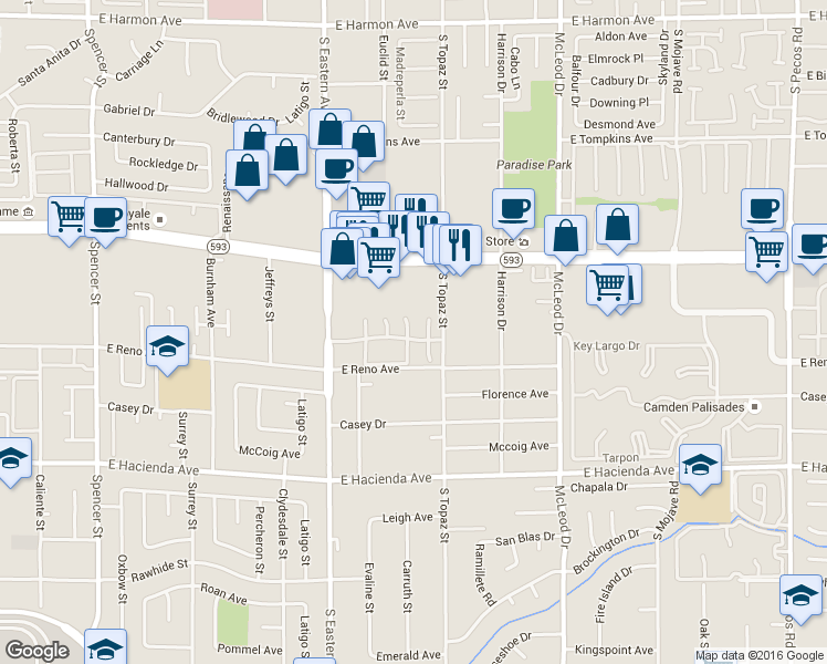 map of restaurants, bars, coffee shops, grocery stores, and more near 2504 Paradise Village Way in Las Vegas
