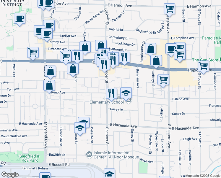 map of restaurants, bars, coffee shops, grocery stores, and more near 5096 Spencer Street in Las Vegas