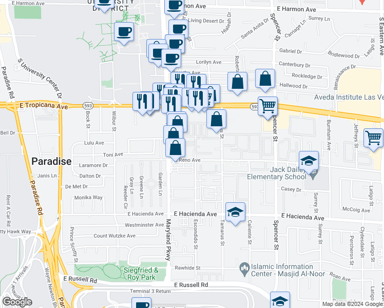 map of restaurants, bars, coffee shops, grocery stores, and more near 5012 South Maryland Parkway in Las Vegas