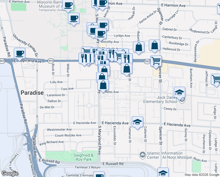 map of restaurants, bars, coffee shops, grocery stores, and more near 5012 South Maryland Parkway in Las Vegas
