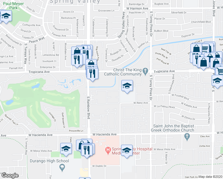 map of restaurants, bars, coffee shops, grocery stores, and more near 5030 South Rainbow Boulevard in Las Vegas