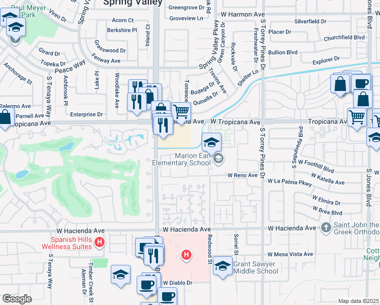 map of restaurants, bars, coffee shops, grocery stores, and more near 5018 South Rainbow Boulevard in Las Vegas