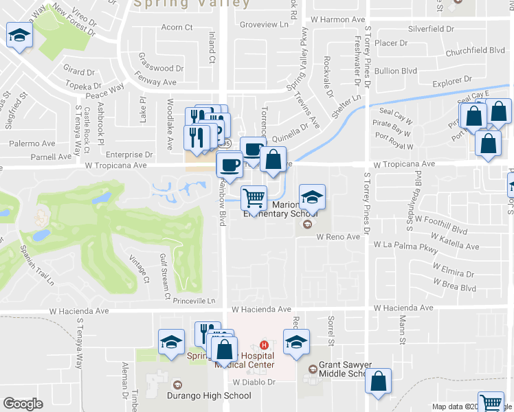 map of restaurants, bars, coffee shops, grocery stores, and more near 5018 South Rainbow Boulevard in Las Vegas