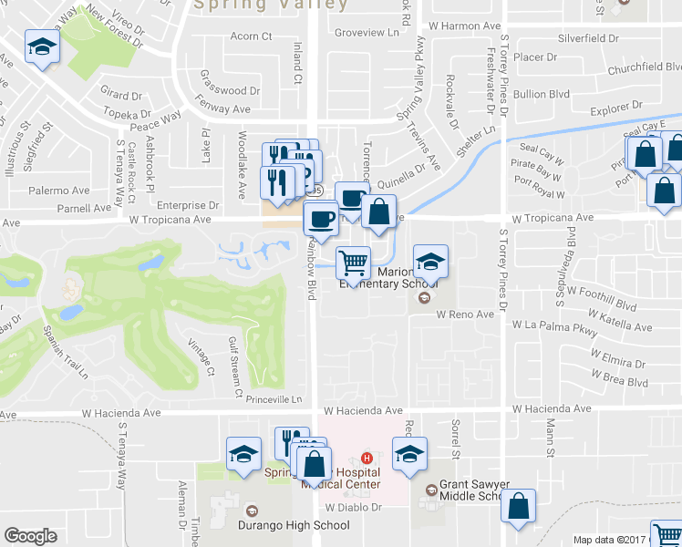 map of restaurants, bars, coffee shops, grocery stores, and more near 5004 South Rainbow Boulevard in Las Vegas